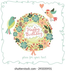 Cute happy birthday card with birds and wreath. Vector illustration for your design.