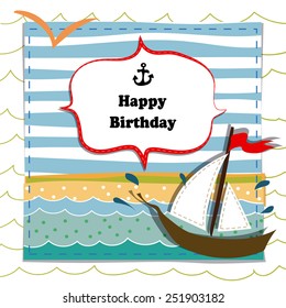 cute happy birthday card with boat