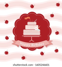 cute happy birthday card with cake and candles,red cherries on white background