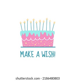 Cute Happy Birthday card with cake and stars. Flat style vector illustration