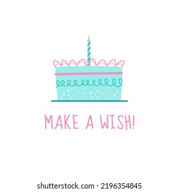 Cute Happy Birthday card with cake and a candle. Flat style vector illustration