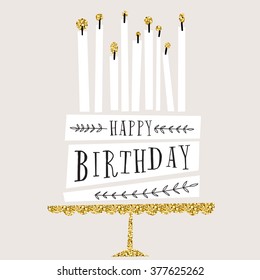 cute happy birthday card with cake and candles. vector illustration 