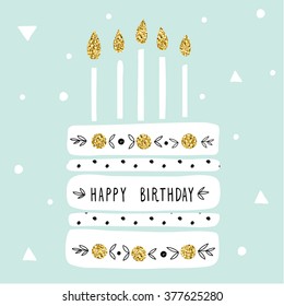 cute happy birthday card with cake and candles. vector illustration 