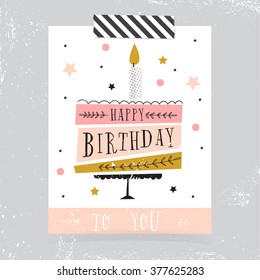 Cute Happy Birthday Card With Cake And Candles. Vector Illustration 