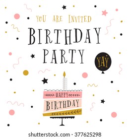 cute happy birthday card with cake and candles. vector illustration 