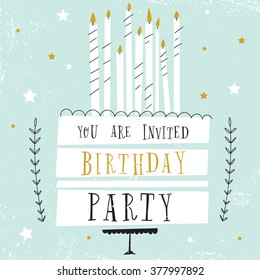 cute happy birthday card with cake and candles. vector illustration 