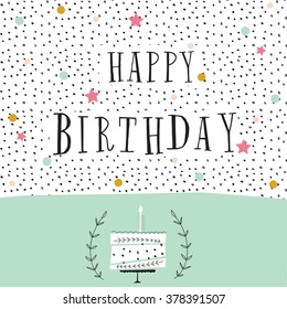 cute happy birthday card with cake and candles. vector illustration