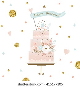 cute happy birthday card with cake. vector illustration