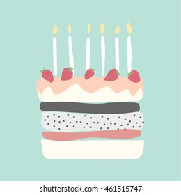 cute happy birthday card with cake and candles. strawberry birthday cake, vector illustration of cake and candles, save the date happy birthday gift card with birthday cake, vector birthday cake, EPS