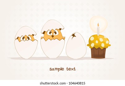 Cute happy birthday card and the chickens. Vector illustration