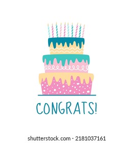 Cute Happy Birthday card with colorful cake and candles. Flat style vector illustration