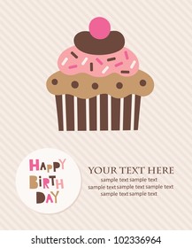 cute happy birthday card with cupcake. vector illustration