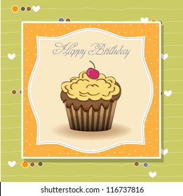 cute happy birthday card with cupcake. vector illustration
