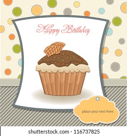 cute happy birthday card with cupcake. vector illustration