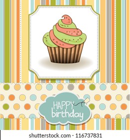cute happy birthday card with cupcake. vector illustration