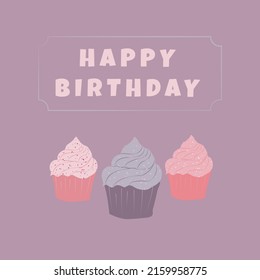 cute happy birthday card with cupcake. vector illustration