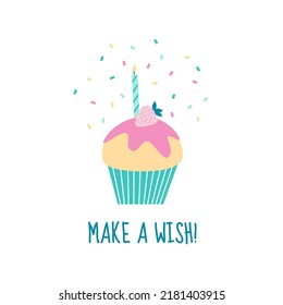 Cute Happy Birthday Card With A Cupcake, A Candle And Confetti. Flat Style Vector Illustration