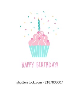 Cute Happy Birthday card with a cupcake, a candle and confetti. Flat style vector illustration