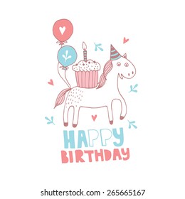 Cute happy birthday card with cupcake. vector illustration