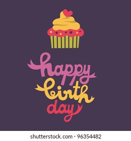 cute happy birthday card with cupcake. vector illustration