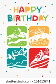 cute happy birthday card with cupcakes. vector illustration