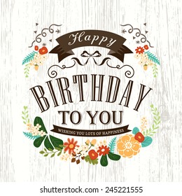 Cute Happy birthday card design with flowers ribbon banner and frame