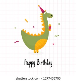 Cute Happy Birthday card with dinosaur mascot. Happy child monster