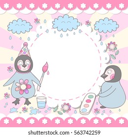 Cute happy birthday card with drawing penguins. Adorable photo frame