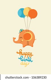 cute happy birthday card with elephant. vector illustration