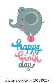 cute happy birthday card with elephant. vector illustration