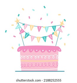 Cute Happy Birthday card with festive cake and garlands of flags. Flat style vector illustration