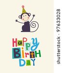 cute happy birthday card with fun monkey. vector illustration
