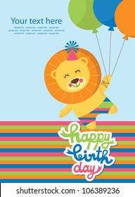 cute happy birthday card with fun leon. vector illustration