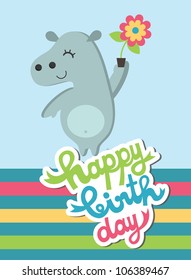 cute happy birthday card with fun hippo. vector illustration