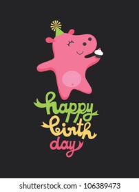 cute happy birthday card with fun hippo. vector illustration