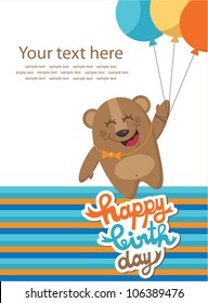 cute happy birthday card with fun bear. vector illustration