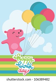 cute happy birthday card with fun hippo. vector illustration