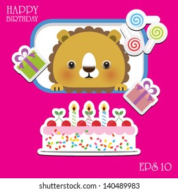 cute happy birthday card with fun lion. vector illustration