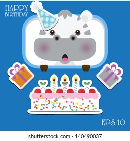 cute happy birthday card with fun zebra. vector illustration