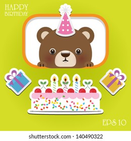cute happy birthday card with fun bear. vector illustration
