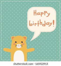 Cute happy birthday card with fun hippo. vector illustration