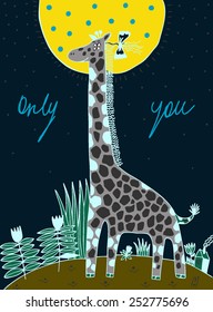 Cute happy birthday card with fun giraffe and fliwers. Vector hand drawn illustration. Only you.