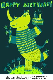 Cute happy birthday card with fun rhino with cake and fliwers. Vector hand drawn illustration