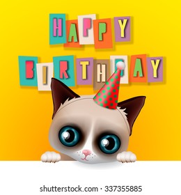 Cute Happy Birthday Card With Fun Grumpy Cat, Hipster Design, Vector Illustration.