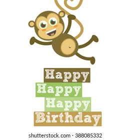 cute happy birthday card with fun monkey. vector illustration