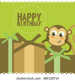 cute happy birthday card with fun monkey. vector illustration