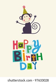Cute Happy Birthday Card With Fun Monkey. Vector Illustration