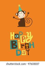 cute happy birthday card with fun monkey. vector illustration
