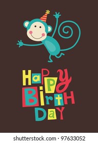 cute happy birthday card with fun monkey. vector illustration