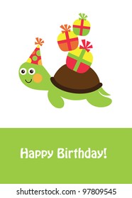 cute happy birthday card with fun turtle. vector illustration